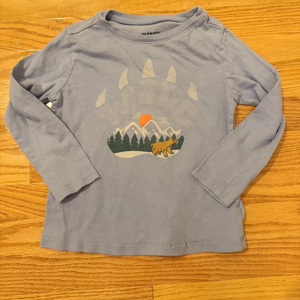 Blue Long Sleeve Shirt with Bear and Mountain Design